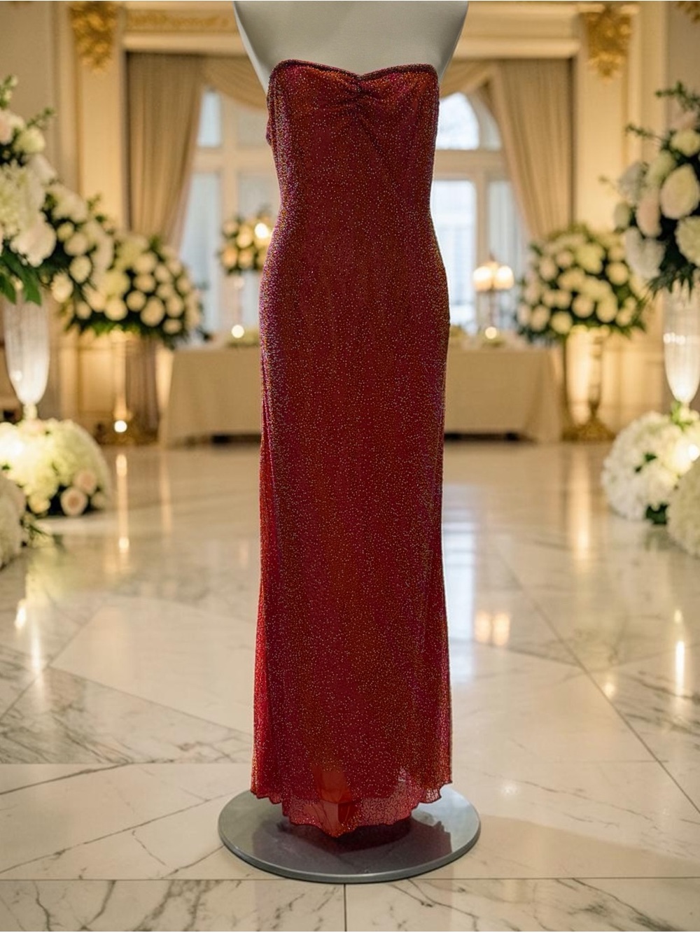 Elegant Strapless Sparkle Gown in Red Pink Orange